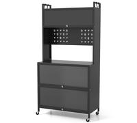 CostwayÉtagère de Cuisine à 5 Niveaux Support Micro-ondes Multifonction avec Portes Battantes Panneau Perforé & Crochets Noir