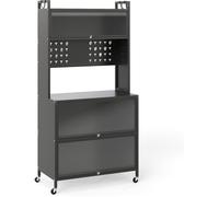 CostwayÉtagère de Cuisine à 5 Niveaux Support Micro-ondes Multifonction avec Portes Battantes Panneau Perforé & Crochets Gris