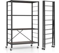 CostwayÉtagère de Rangement Pliable à 4 Niveaux Étagère Réglable avec Roues Verrouillables Unité de Rangement Domestique Organisateur de Rangement Noir