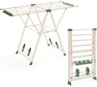 CostwayÉtendoir à Linge Pliable en Métal avec Ailes Réglables en Hauteur 16 Barres de Séchage Pinces à Chaussures-Chaussettes Beige