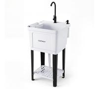 CostwayÉvier de Cuisine Autoportant Évier Utilitaire avec Robinet Pivotant Étagères Distributeur de Savon Pieds Réglables Système de Vidange Blanc