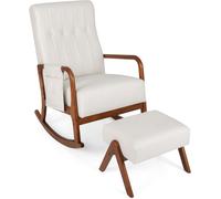 CostwayFauteuil à Bascule avec Pouf Siège Rembourré en Tissu avec Dossier Capitonné Structure en Bois d'Hévéa Naturel Poche Latérale Beige