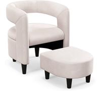 CostwayFauteuil d'Appoint Confortable avec Repose-pieds Fauteuil Tonneau Rembourré en Velours et Pouf Cadre en Bois Massif Beige