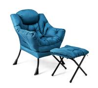 CostwayFauteuil Paresseux avec Ottoman Fauteuil Moderne de Loisirs pour la Lecture avec Oreiller Accoudoirs Poche Latérale et Repose-pieds pour Salon Chambre Bureau Bleu