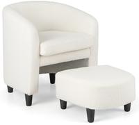 CostwayFauteuil Tonneau avec Repose-pieds Fauteuil Rembourré avec Pouf Velours Doux Cadre en Bois Massif Patins Feutré Antidérapants Beige