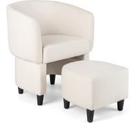 CostwayFauteuil Tonneau Rembourré en Velours avec Repose-pieds Fauteuil d'Appoint avec Pouf Cadre en Bois Massif Patins en Feutre Antidérapants Beige