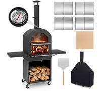 CostwayFour à Pizza d'Extérieur Four à Bois avec Housse de Protection Pierre à Pizza Pelle Thermomètre Intégré et Rangement Portable avec Roulettes