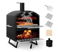 CostwayFour à Pizza Extérieur à Bois Four à Pizza à Deux Couches Extra-Large avec Pierre Carrée Pelle à Pizza Grilles de Cuisson & Housse Noir