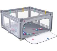 CostwayGrand Parc Pliante 150x150cm pour Bébé sans BPA pour Tout-petits avec Portail Zippé 50 Balles de Mer et 4 Anneaux de Levée Gris