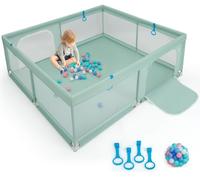 CostwayGrand Parc pour Bébé 200 x 180cm Robuste Maille Douce et Respirante Anneaux pour Les Mains Balles Océaniques Clôture Avec Portes Base Antidérapante Vert