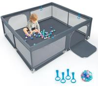 CostwayGrand Parc pour Bébé 200 x 180cm Robuste Maille Douce et Respirante Anneaux pour Les Mains Balles Océaniques Clôture Avec Portes Base Antidérapante Gris