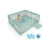 CostwayGrand Parc pour Bébé 200 x 180cm Robuste Maille Douce et Respirante Anneaux pour Les Mains Balles Océaniques Clôture Avec Portes Base Antidérapante Vert