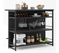 CostwayÎlot Central Industriel Table de Bar à 4 Niveaux avec 3 Étagères Ouvertes Casier à Vin et Supports pour Verres à Pied Repose-pieds Noir