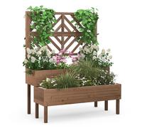 CostwayJardinière avec Treillis à 2 Niveaux en Bois de Sapin Bac à Fleurs Rectangulaire avec Trou de Drainage pour Plante Grimpante Café
