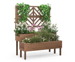 CostwayJardinière avec Treillis à 2 Niveaux en Bois de Sapin Bac à Fleurs Rectangulaire avec Trou de Drainage pour Plante Grimpante Café