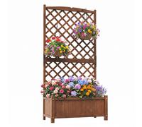 CostwayJardinière avec Treillis Bac à Fleurs Surélevé en Bois de Sapin avec Trous de Drainage pour Plantes Grimpantes 90 x 44,5 x 180,5 cm Marron