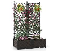 CostwayJardinière avec Treillis sur Pied Double Bac à Fleur Auto-arrosage en Rotin PP avec Maille Diamant Trou de Drainage Lit de Jardin Noir