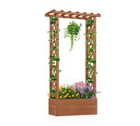 CostwayJardinière avec Treillis Toit Suspendu en Bois avec Trou de Drainage Lit de Jardin Surélevé pour Plante Grimpante 66 x 32 x 152 cm Café