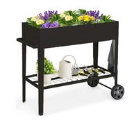 CostwayJardinière Surélevé en Métal avec Pieds Lit de Jardin sur Roulette avec Étagère Trous de Drainage Crochets de Suspension et Poignée Noir