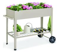 CostwayJardinière Surélevé sur roulettes en Métal Lit de Jardin 65L avec Étagère de Rangement Crochets de Suspension Poignée pour Légumes Blanc