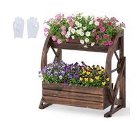 CostwayJardinière Surélevée à 2 Niveaux Bac à Plantes en Bois en Forme de Wagon avec Trous de Drainage et Demi-Roues Lit de Jardin 56 x 33 x 56,5cm