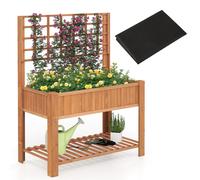 CostwayJardinière Surélevée avec Treillis Bac à Plantes en Bois avec Pieds Doublure Étagère de Rangement et Trous de Drainage pour Plantes Marron