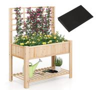 CostwayJardinière Surélevée avec Treillis Bac à Plantes en Bois avec Pieds Doublure Étagère de Rangement et Trous de Drainage pour Plantes Naturel