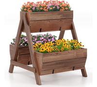CostwayJardinière Surélevée en Bois de Sapin 3 Bacs à Fleurs Trous de Drainage Jardinière sur Pieds Légumes Fleurs Fruits Brun