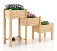 CostwayJardinière Surélevée en Bois de Sapin 3 Bacs à Fleurs Trous de Drainage Peinture DIY Jardinière sur Pieds Légumes Fleurs Naturel