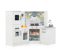 CostwayJeu de Cuisine d'Angle en Bois Évier Séparé Sons et Lumières Micro-ondes Machine à Glaçons et Lave-vaisselle Simulés Tableau Blanc