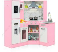 CostwayJeu de Cuisine d'Angle en Bois Évier Séparé Sons et Lumières Micro-ondes Machine à Glaçons et Lave-vaisselle Simulés Tableau Rose