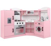 CostwayJeu de Cuisine d'Angle pour Enfants de 3+ Ans en Bois Machine à Glaçons Micro-ondes Four Évier Accessoires Effets Sonores et Lumineux Rose
