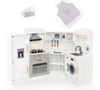 CostwayJeu de Cuisine d'Angle pour Enfants de 3 Ans et Plus en Bois Machine à Glaçons Micro-ondes Four Évier Accessoires Effets Sonores et Lumineux