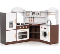 CostwayJeu de Cuisine d'Angle pour Enfants de 3 Ans et Plus en Bois Machine à Glaçons Porte-serviettes Accessoires Effets Sonores et Lumineux