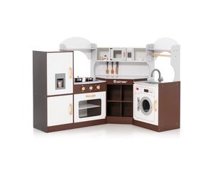 CostwayJeu de Cuisine d'Angle pour Enfants de 3 Ans et Plus en Bois Machine à Glaçons Porte-serviettes Accessoires Effets Sonores et Lumineux