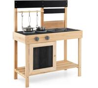 CostwayJeu de Cuisine en Plein Air Cuisine de Boue pour Enfants avec 2 Éviers Amovibles Robinet Cuisinière & Ustensiles de Cuisine Naturel