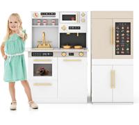 CostwayJeu de Cuisine pour Enfants 2 Pièces Combinaison Cuisine et Réfrigérateur avec Affiche Didactique Interactive pour 3+ Ans Blanc