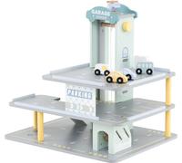 CostwayJeu de Garage en Bois a 3 Niveaux avec 4 Petites Voitures Hélicoptère Héliport Station-Service pour Les Enfants de 3 Ans et Plus Gris