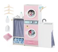 CostwayJeu de Lavage en Bois pour Enfants Machine à Laver Jouet avec Bouteille de Détergent Fer à Repasser Cintres et Tiroir en Tissu pour Rose
