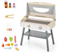 CostwayJouet Barbecue Grill en Bois pour Enfants 3 Ans+ 17 Accessoires Couvercle Rabattable Son Réaliste Cadeaux Idéal