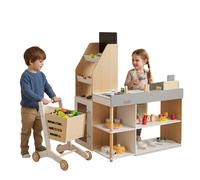 CostwayJouet de Supermarché pour Enfants avec Chariot de Courses Stand de Marché en Bois avec Lecteur de Carte Carte Bancaire pour 3+ Ans Naturel