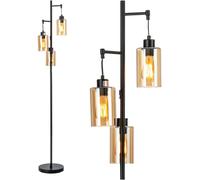 CostwayLampadaire Autonome Lampadaire Rétro avec Abat-Jour en Verre Ambré à 3 Têtes Suspendues Interrupteur à Pied Base en Métal Noir