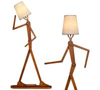 CostwayLampe de Sol en Bois de Caoutchouc Humanoïde Créatif Lampadaire de Salon Articulations Réglables Abat-jour en Tissu