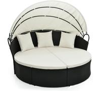 CostwayLit Canapé de Jardin Rond en Rotin PE Auvent Rétractable Coussins et Oreillers Amovibles Salon de Jardin Modulable Blanc