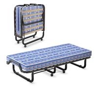 CostwayLit d'Appoint Pliable sur Roulettes 80 x 200 CM Lit Pliant Matelas en Mousse 10 CM 15 Lattes de Lit en Bois Bleu