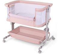CostwayLit de Bébé Berceau de Côté avec Hauteur Réglable 6 Niveaux Étagère de Rangement Roulettes Matelas et Sac de Transport Rose