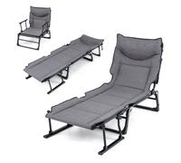 CostwayLit de Camping Pliable 3 En 1 Fauteuil Convertible Chaise Longue avec Dossier Réglable à 6 Positions Coussin Intégré Cadre en Métal Gris