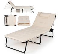 CostwayLit de Camping Pliant Inclinable Bain de Soleil 4 Positions Oreiller Matelas Épais Poche Latérale Structure Stable Charge 120 kg Beige