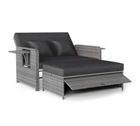 CostwayLit de Jardin en Rotin PE Canapé Deux Places& Ottoman de Rangement avec Dossier Réglable sur 4 Positions & Tables Latérales Pliantes Noir