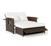 CostwayLit de Jardin en Rotin PE Canapé Deux Places&Ottoman de Rangement avec Dossier Réglable sur 4 Positions & Tables Latérales Pliantes Blanc